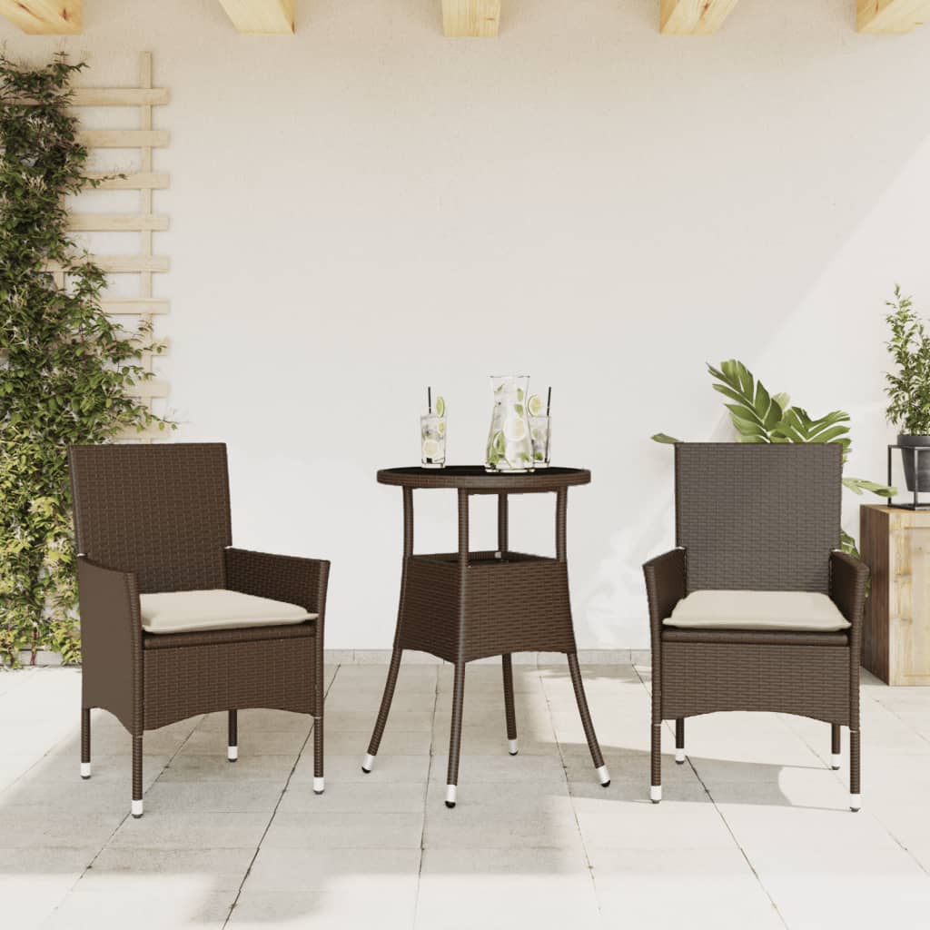 Vetonek Set comedor jardín 3 pzas cojines ratán sintético vidrio marrón