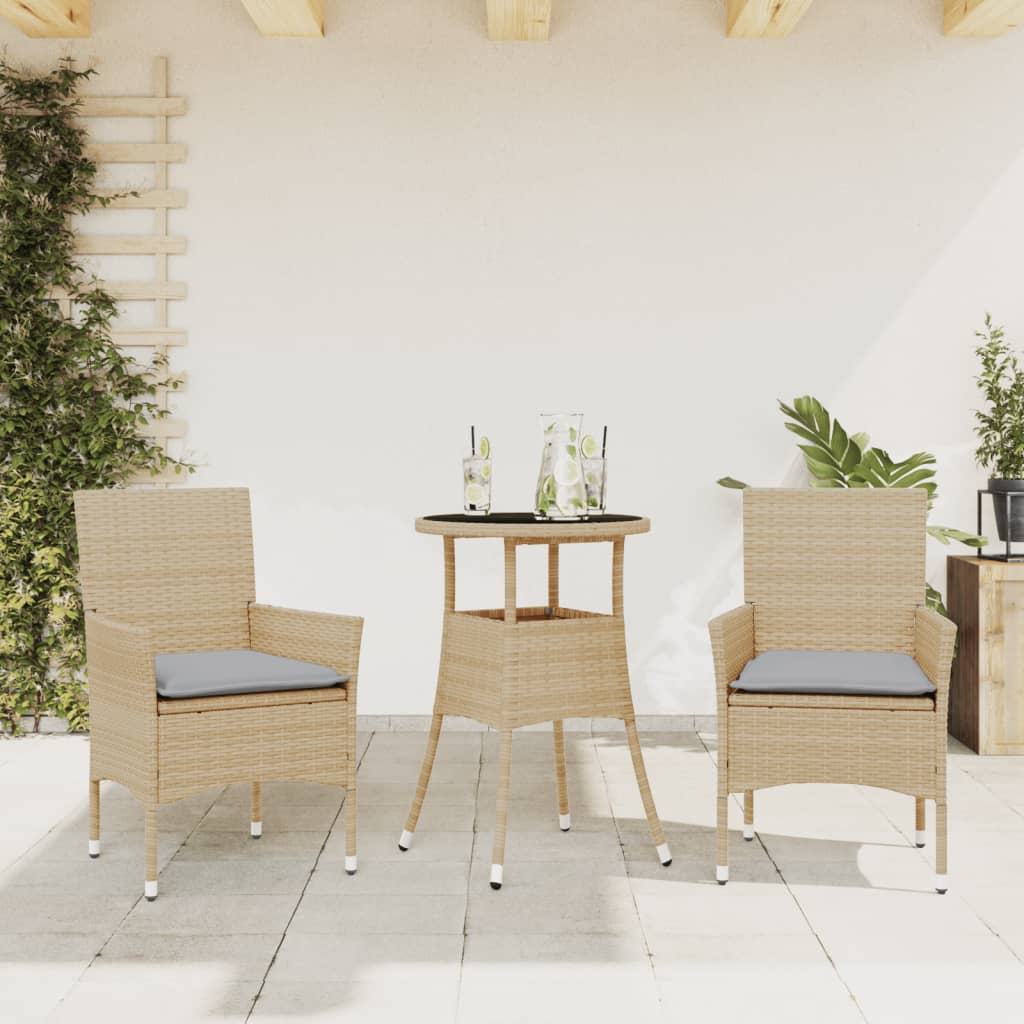 Vetonek Set comedor jardín 3 pzas cojines ratán sintético vidrio beige