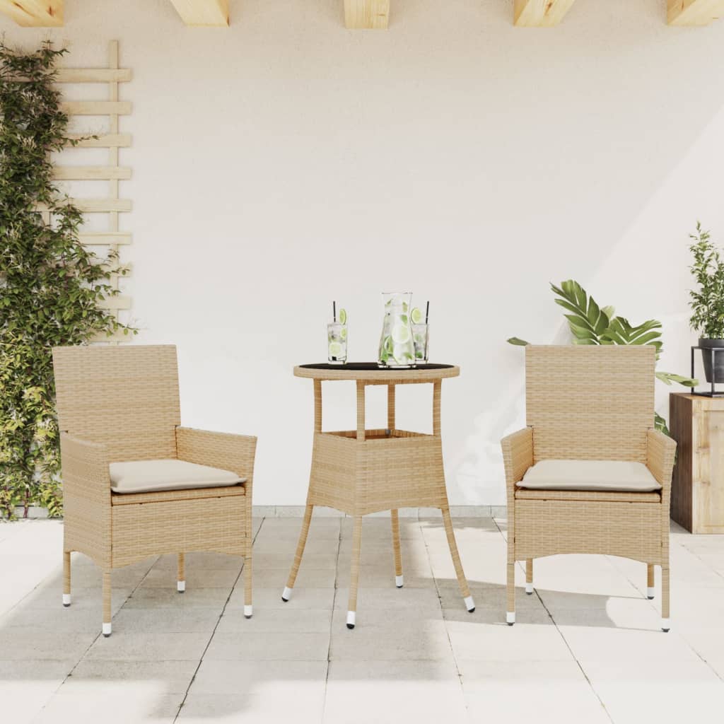 Vetonek Set comedor jardín 3 pzas cojines ratán sintético vidrio beige