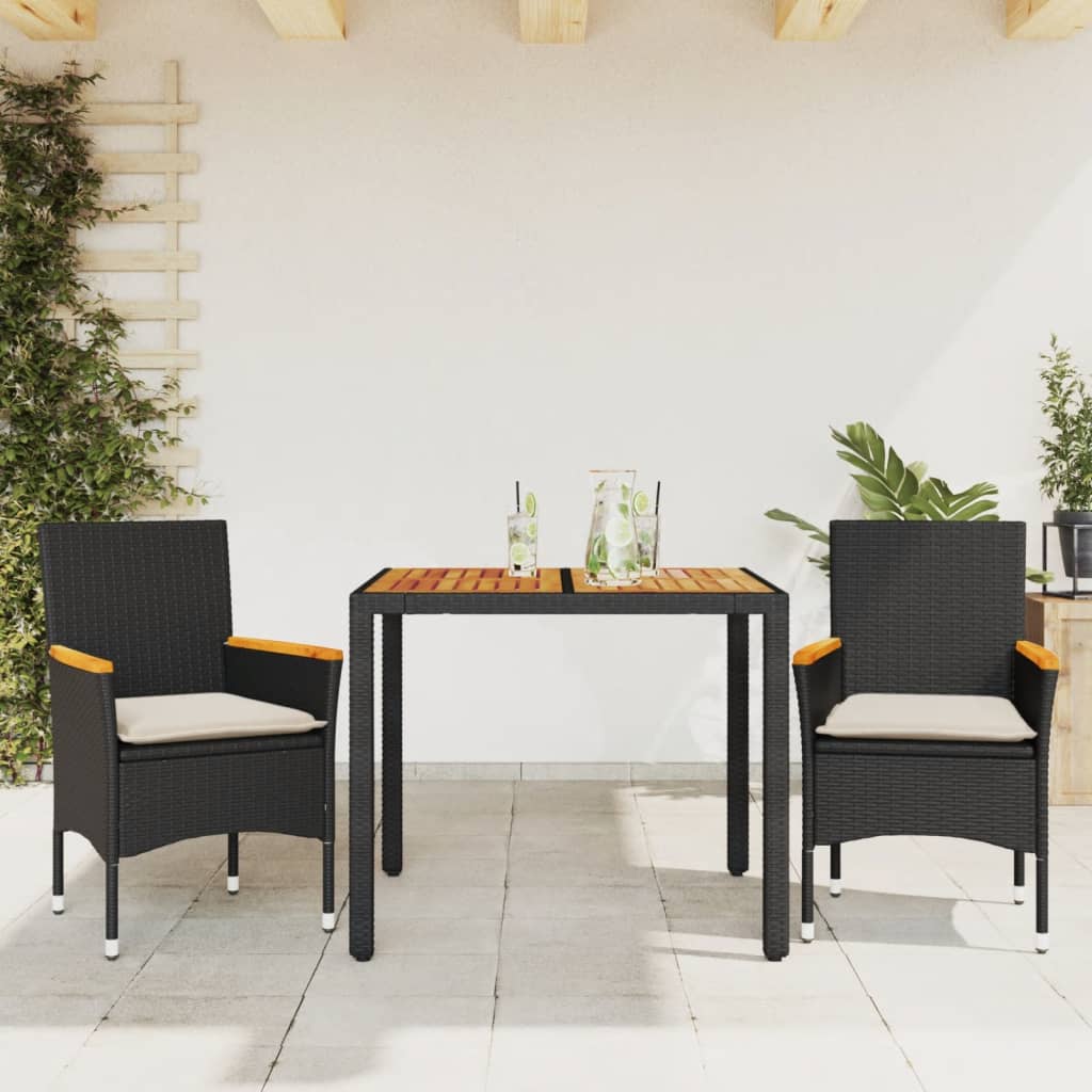 Vetonek Set de comedor jardín 3 pzas con cojines ratán PE acacia negro