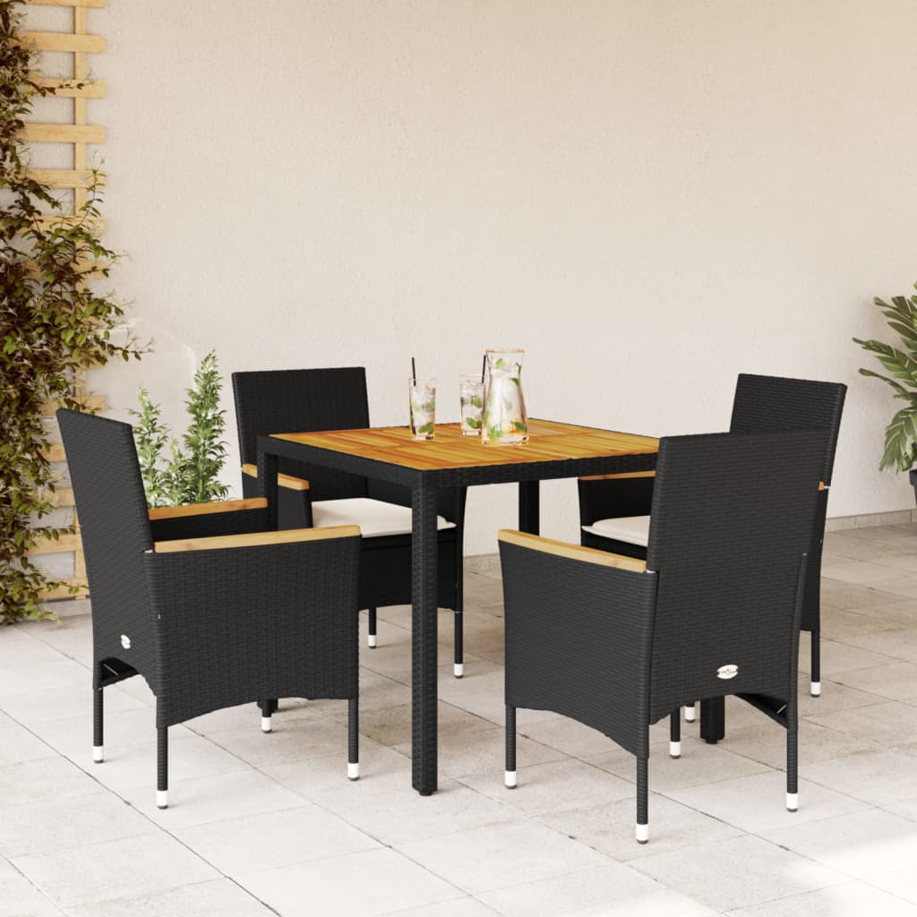 Vetonek Set de comedor jardín 5 pzas con cojines ratán PE acacia negro