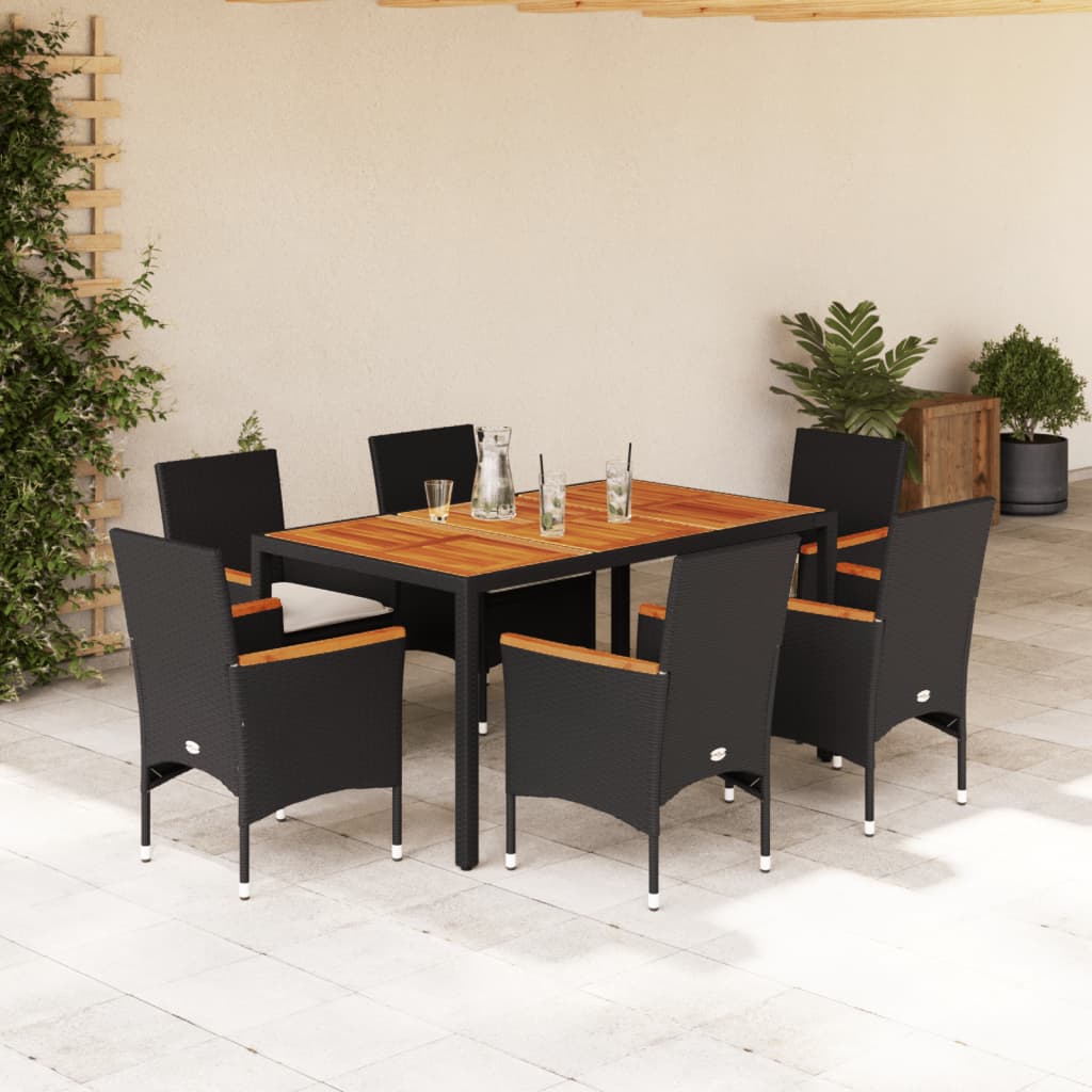 Vetonek Set de comedor jardín 7 pzas con cojines ratán PE acacia negro