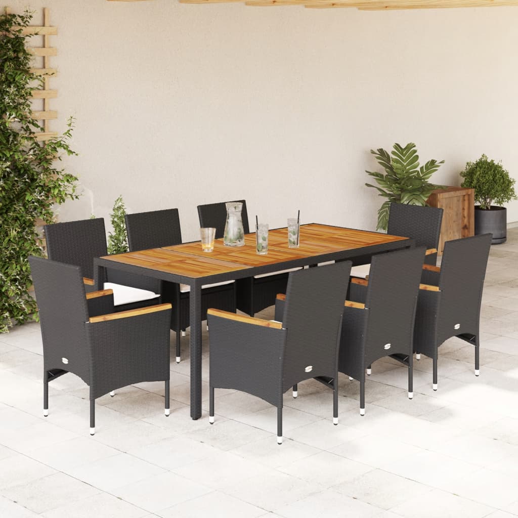 Vetonek Set de comedor jardín 9 pzas con cojines ratán PE acacia negro