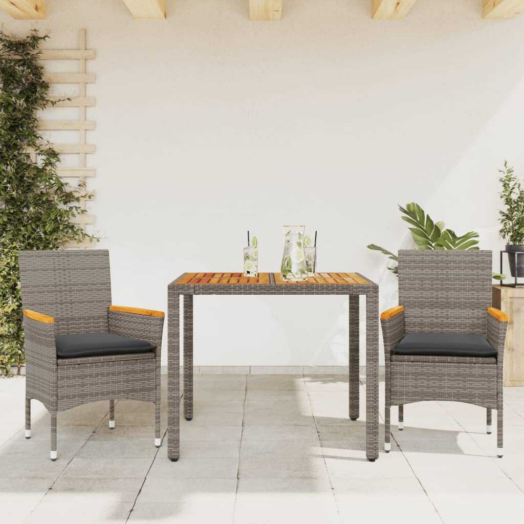 Vetonek Set de comedor jardín 3 pzas con cojines ratán PE acacia gris