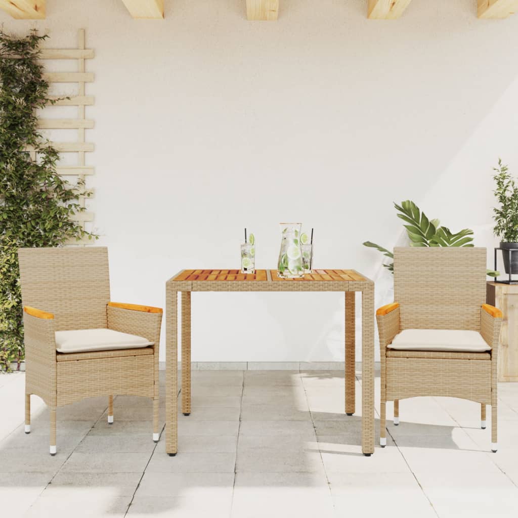 Vetonek Set de comedor jardín 3 pzas con cojines ratán PE acacia beige