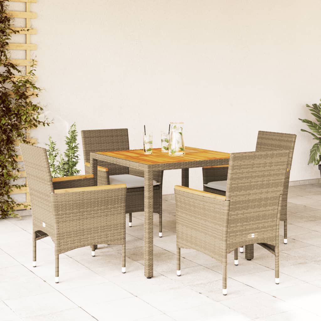 Vetonek Set de comedor jardín 5 pzas con cojines ratán PE acacia beige