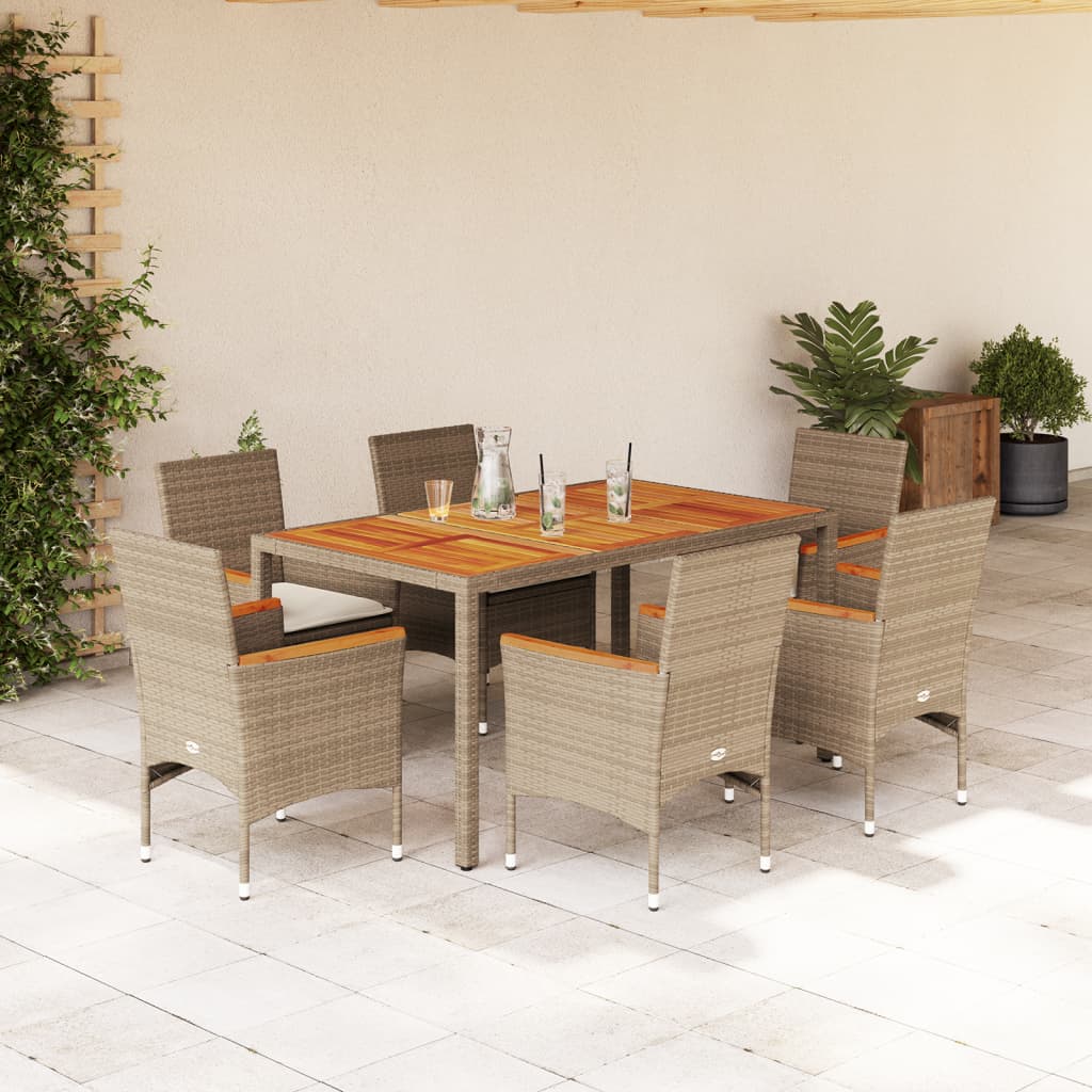 Vetonek Set de comedor jardín 7 pzas con cojines ratán PE acacia beige