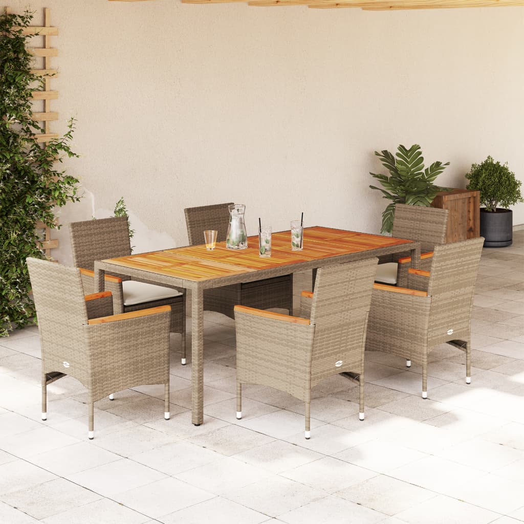 Vetonek Set de comedor jardín 7 pzas con cojines ratán PE acacia beige