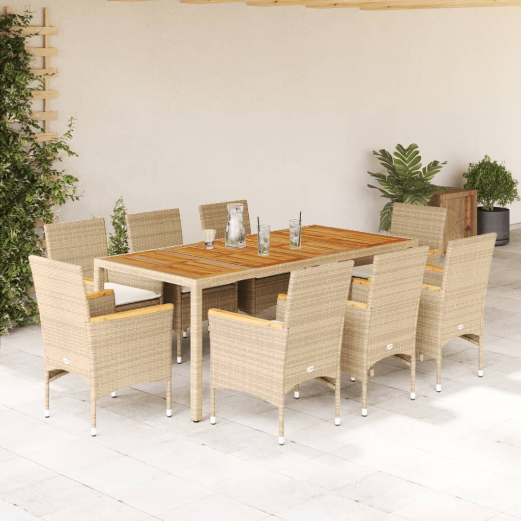 Vetonek Set de comedor jardín 9 pzas con cojines ratán PE acacia beige