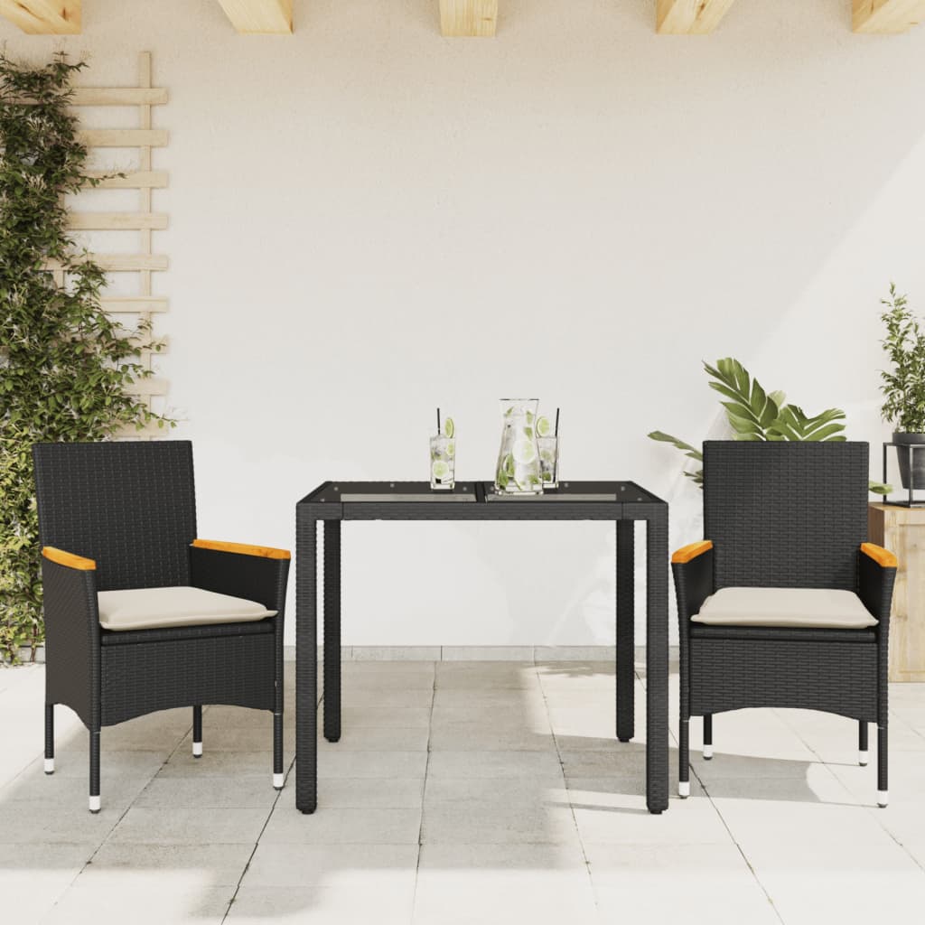 Vetonek Set comedor jardín 3 pzas cojines ratán sintético vidrio negro