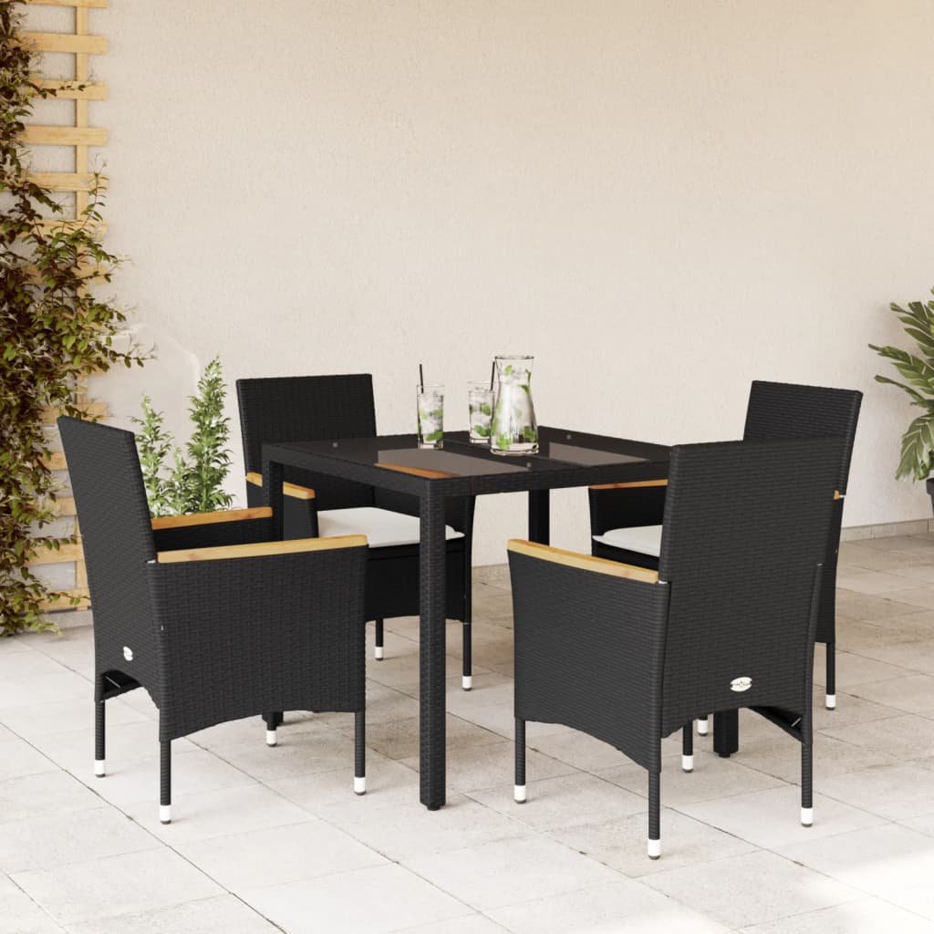 Vetonek Set comedor jardín 5 pzas cojines ratán sintético vidrio negro