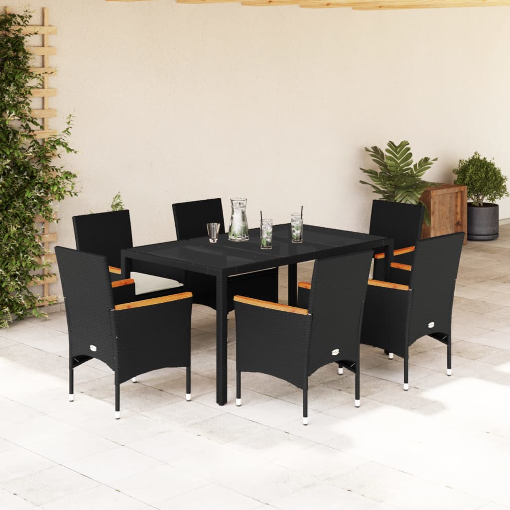 Vetonek Set comedor jardín 7 pzas cojines ratán sintético vidrio negro