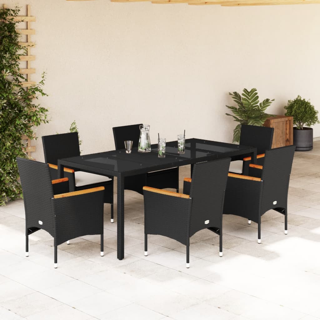 Vetonek Set comedor jardín 7 pzas cojines ratán sintético vidrio negro