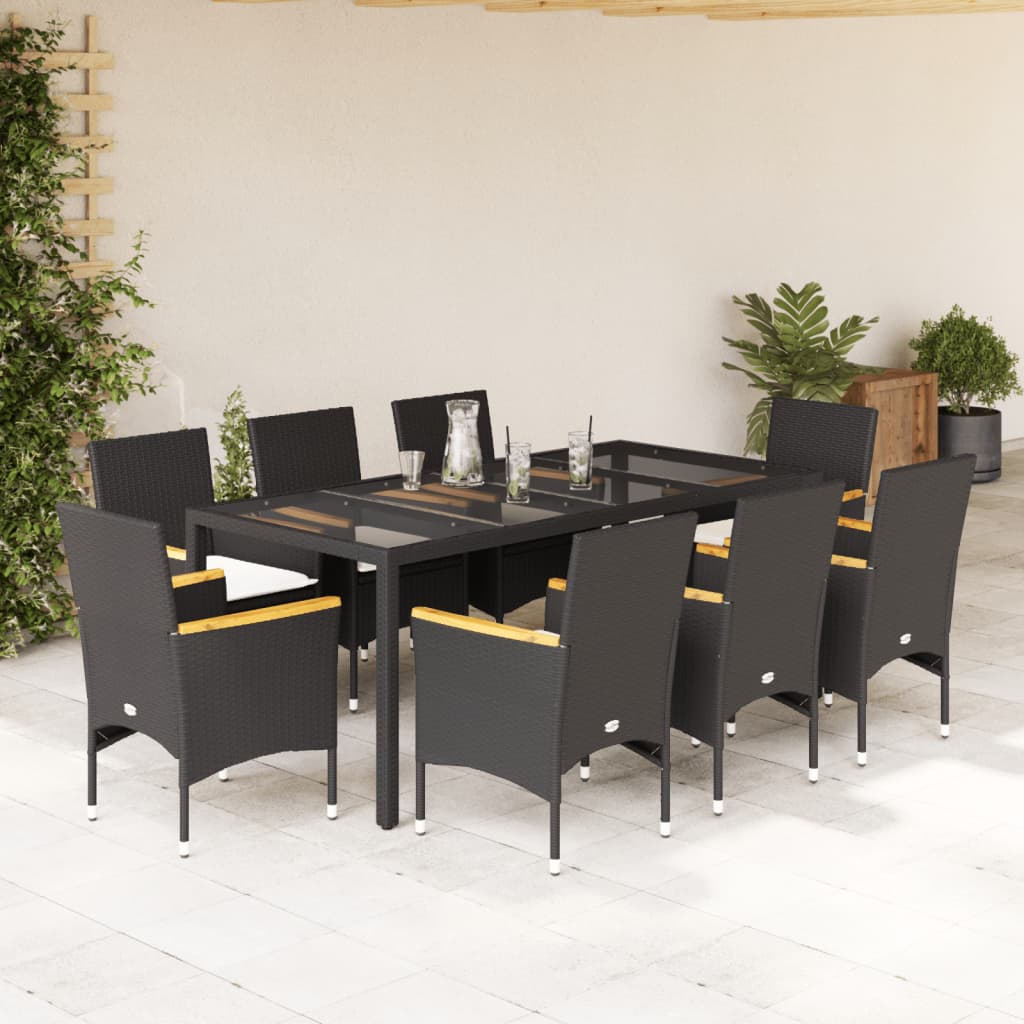 Vetonek Set comedor jardín 9 pzas cojines ratán sintético vidrio negro