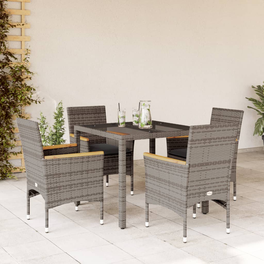 Vetonek Set comedor jardín 5 pzas y cojines ratán sintético vidrio gris