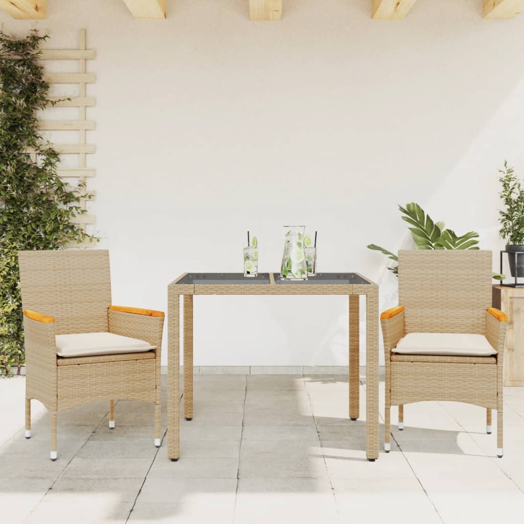 Vetonek Set comedor jardín 3 pzas cojines ratán sintético vidrio beige