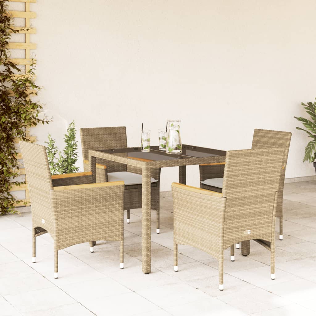 Vetonek Set comedor jardín 5 pzas cojines ratán sintético vidrio beige