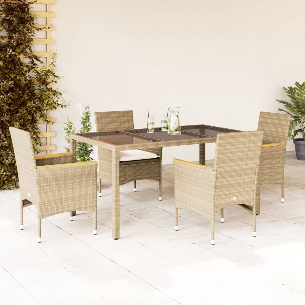 Vetonek Set comedor jardín 5 pzas cojines ratán sintético vidrio beige