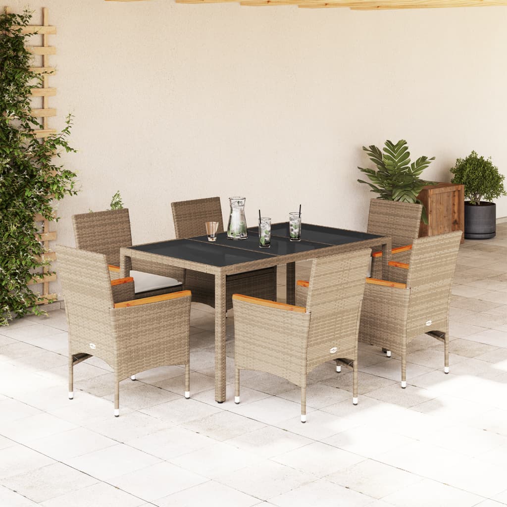 Vetonek Set comedor jardín 7 pzas cojines ratán sintético vidrio beige