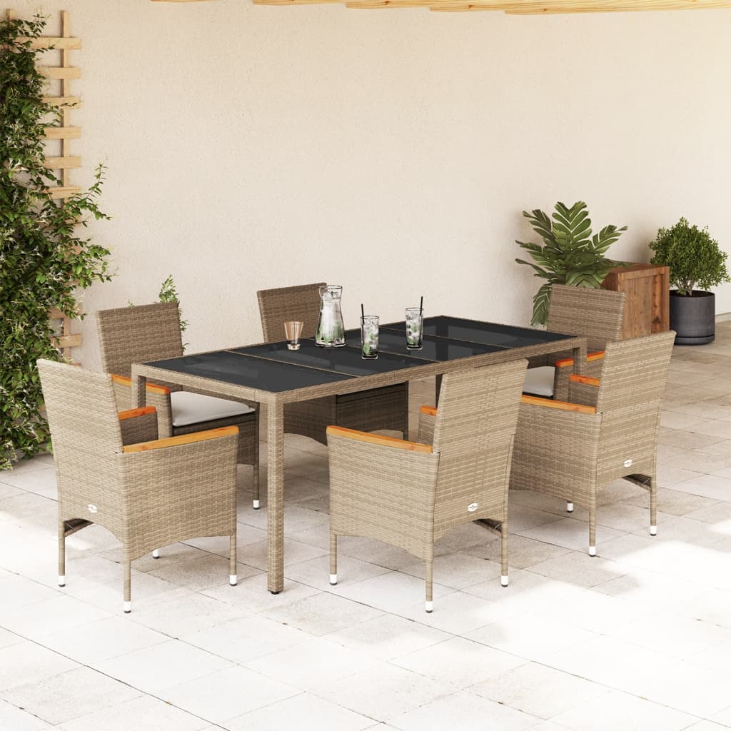 Vetonek Set comedor jardín 7 pzas cojines ratán sintético vidrio beige