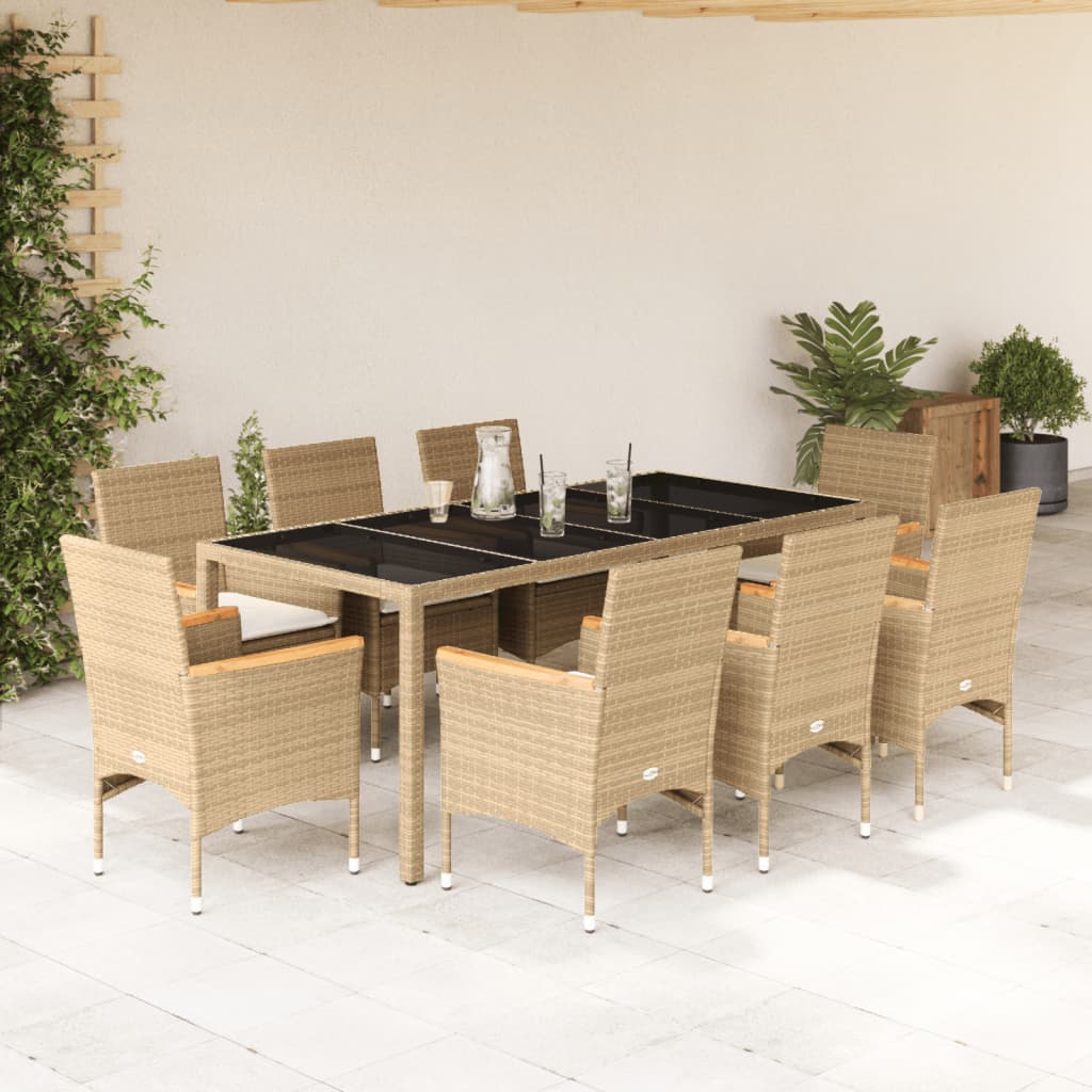 Vetonek Set comedor jardín 9 pzas cojines ratán sintético vidrio beige