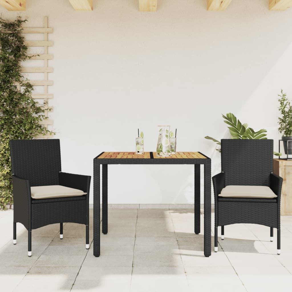 Vetonek Set de comedor jardín 3 pzas con cojines ratán PE acacia negro