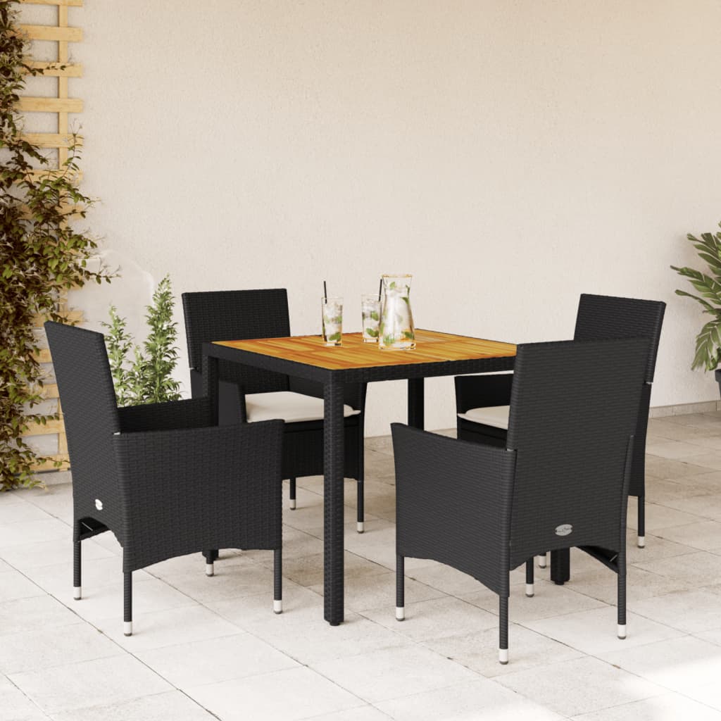 Vetonek Set de comedor jardín 5 pzas con cojines ratán PE acacia negro