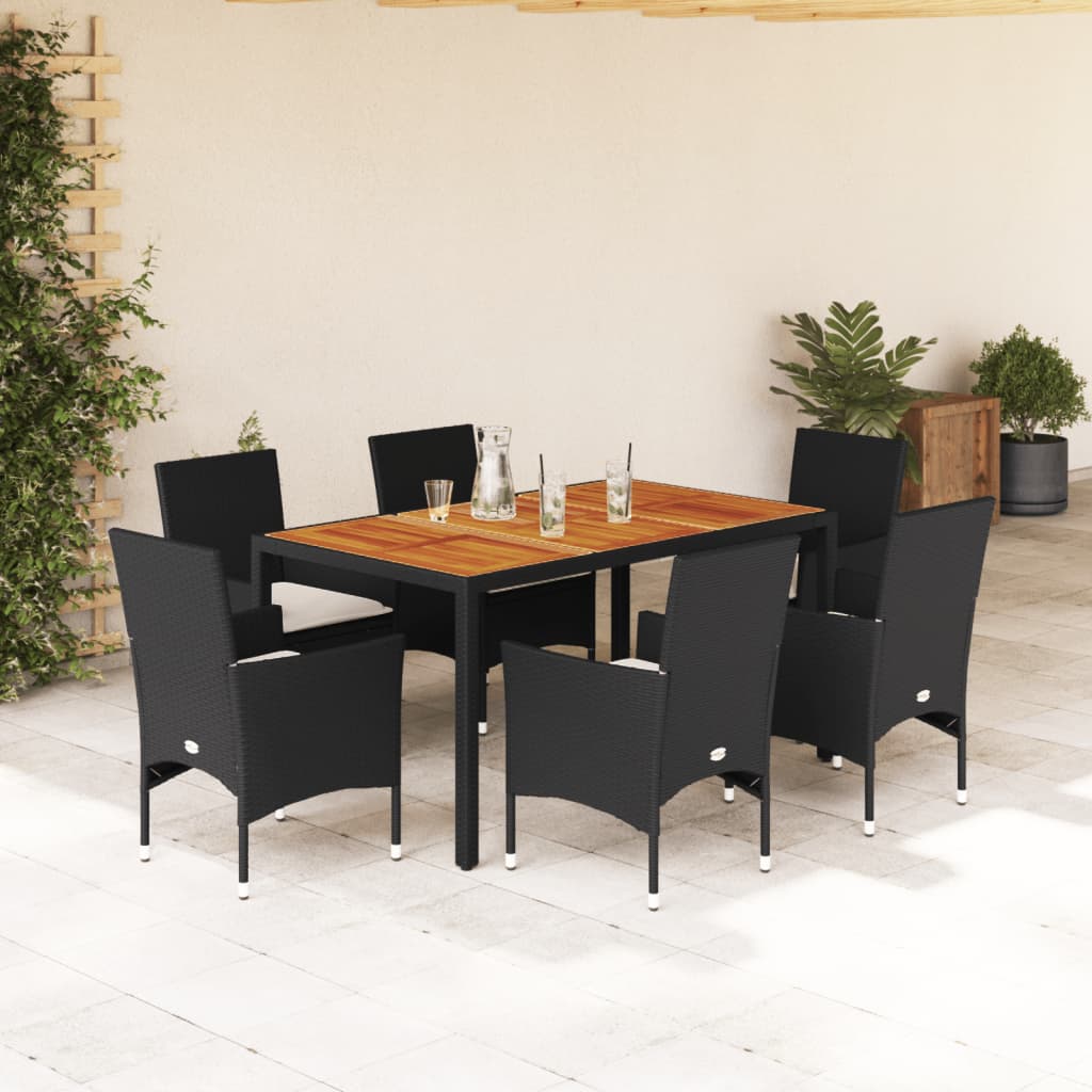 Vetonek Set de comedor jardín 7 pzas con cojines ratán PE acacia negro