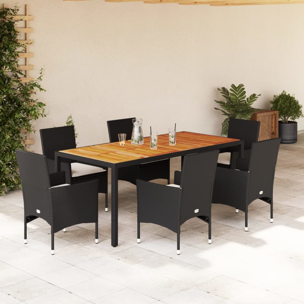 Vetonek Set de comedor jardín 7 pzas con cojines ratán PE acacia negro