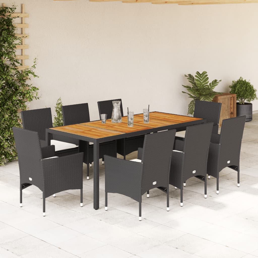 Vetonek Set de comedor jardín 9 pzas con cojines ratán PE acacia negro