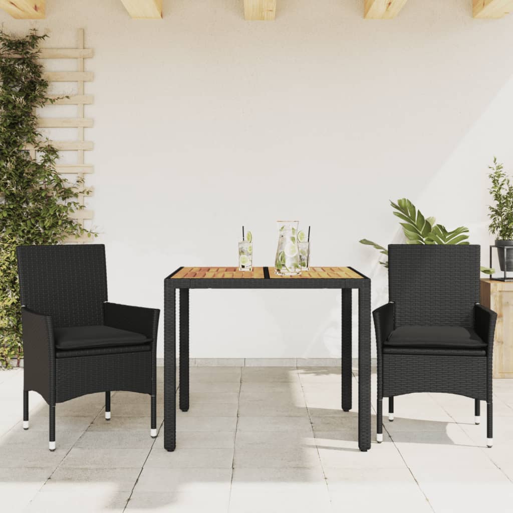 Vetonek Set de comedor jardín 3 pzas con cojines ratán PE acacia negro