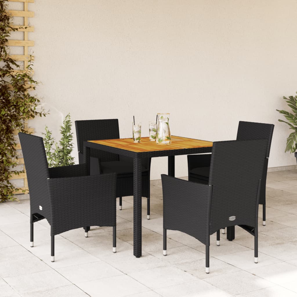 Vetonek Set de comedor jardín 5 pzas con cojines ratán PE acacia negro