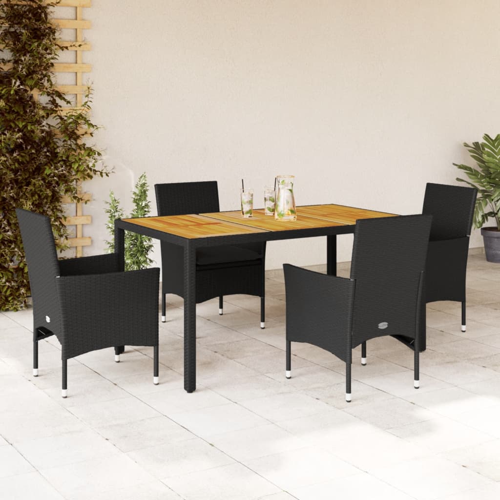 Vetonek Set de comedor jardín 5 pzas con cojines ratán PE acacia negro