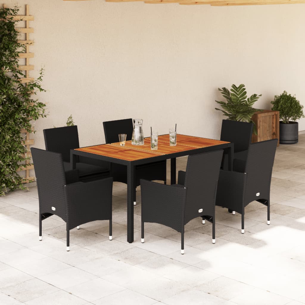 Vetonek Set de comedor jardín 7 pzas con cojines ratán PE acacia negro