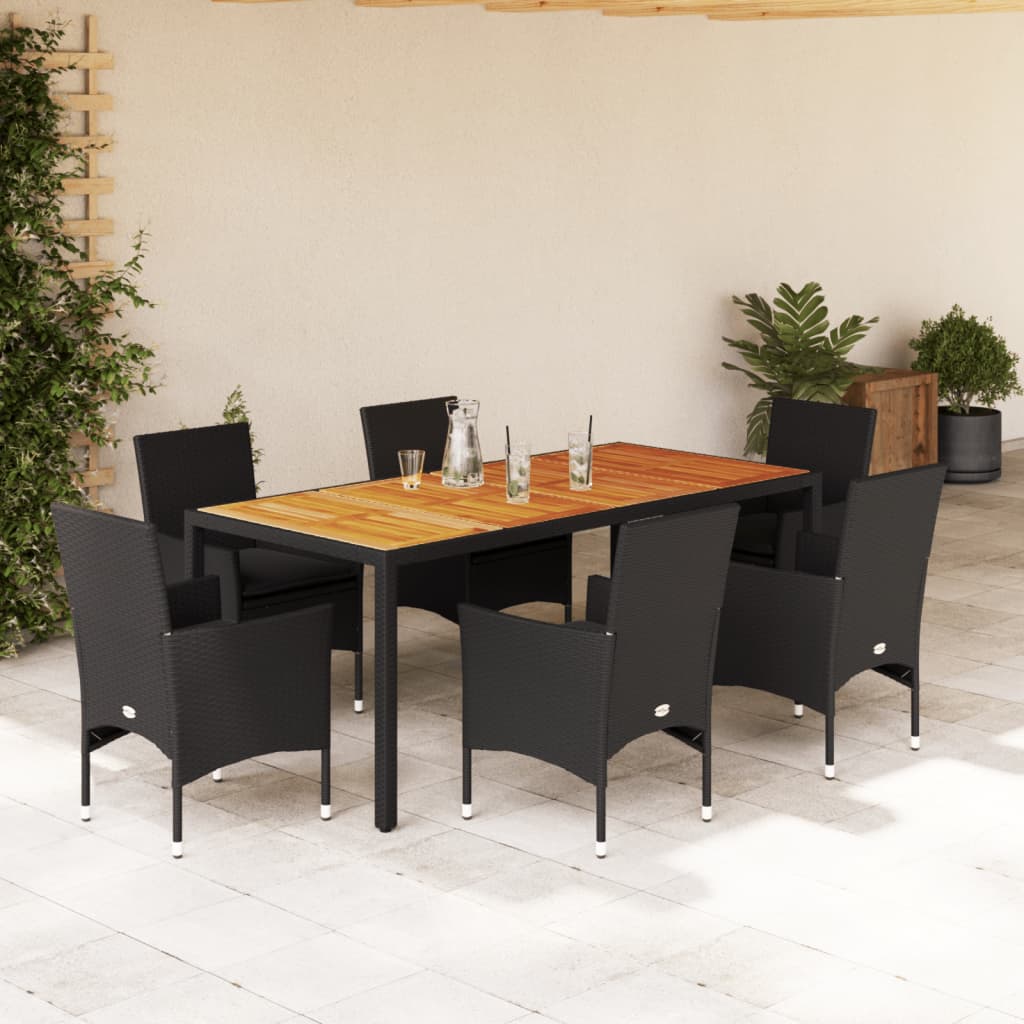 Vetonek Set de comedor jardín 7 pzas con cojines ratán PE acacia negro