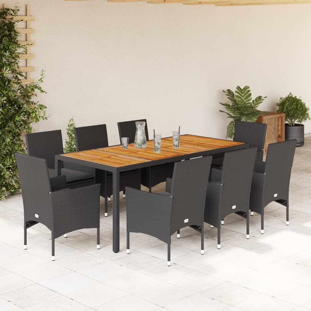 Vetonek Set de comedor jardín 9 pzas con cojines ratán PE acacia negro