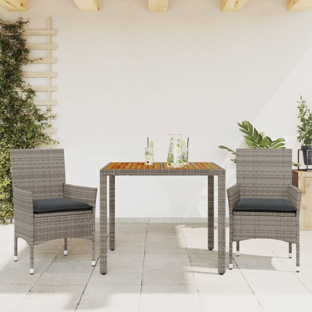 Vetonek Set de comedor jardín 3 pzas con cojines ratán PE acacia gris