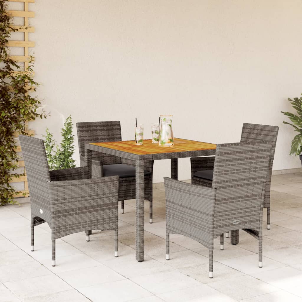 Vetonek Set de comedor jardín 5 pzas con cojines ratán PE acacia gris