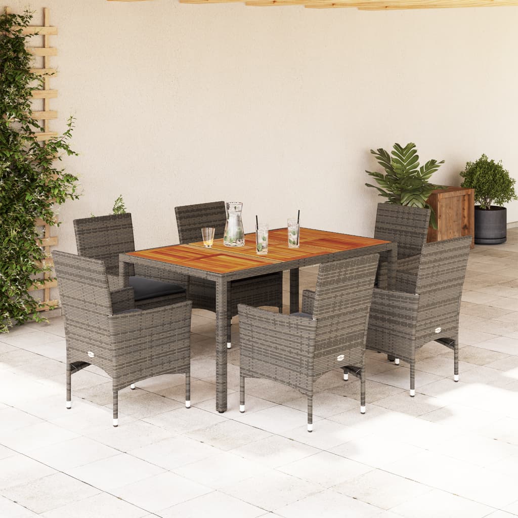 Vetonek Set de comedor jardín 7 pzas con cojines ratán PE acacia gris