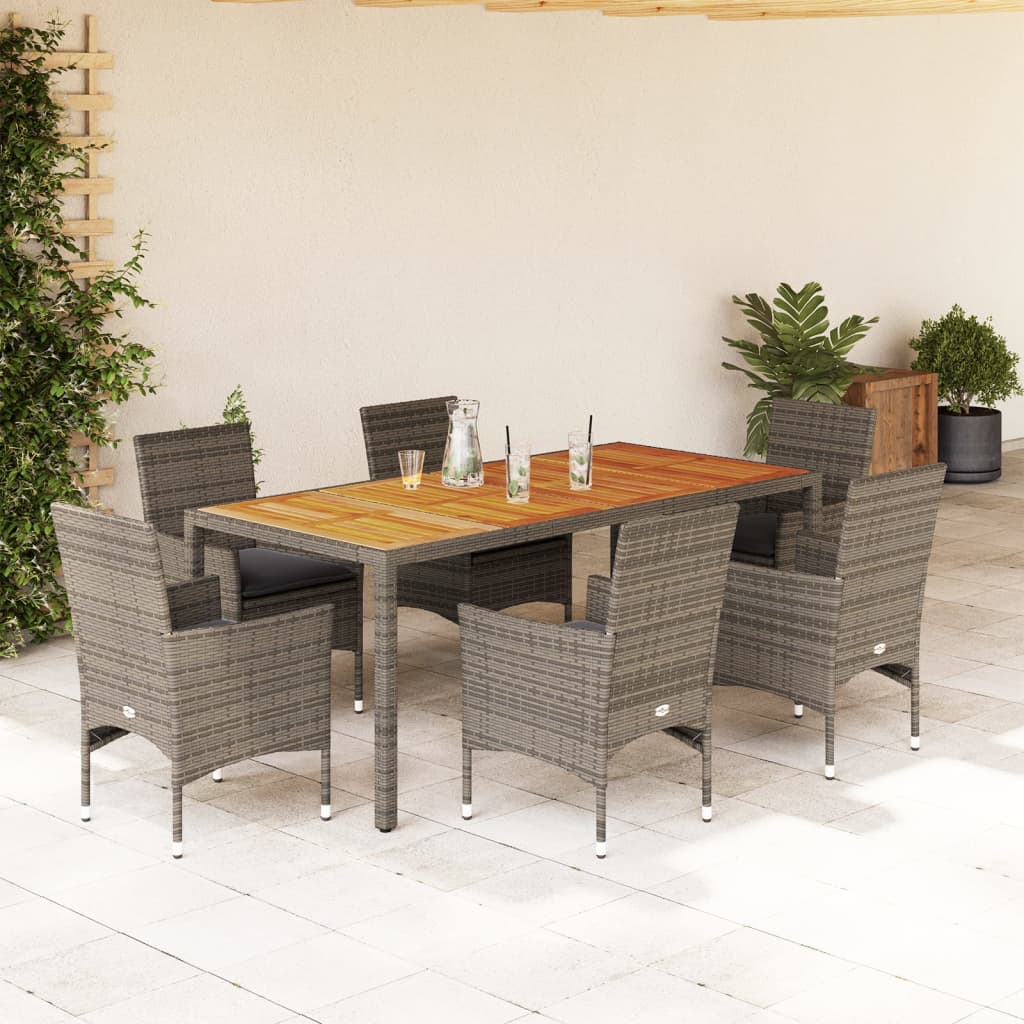 Vetonek Set de comedor jardín 7 pzas con cojines ratán PE acacia gris