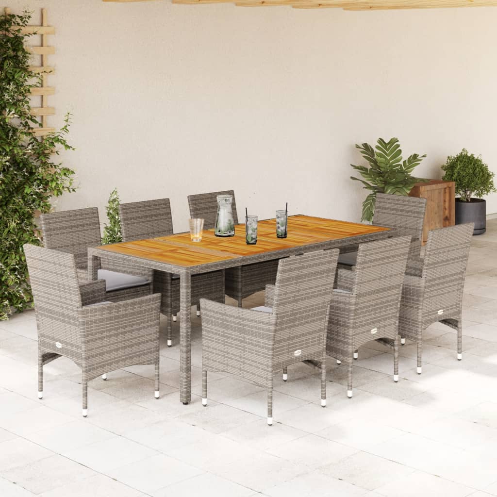 Vetonek Set de comedor jardín 9 pzas con cojines ratán PE acacia gris