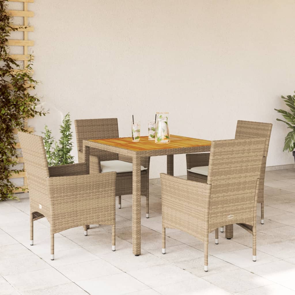 Vetonek Set de comedor jardín 5 pzas con cojines ratán PE acacia beige