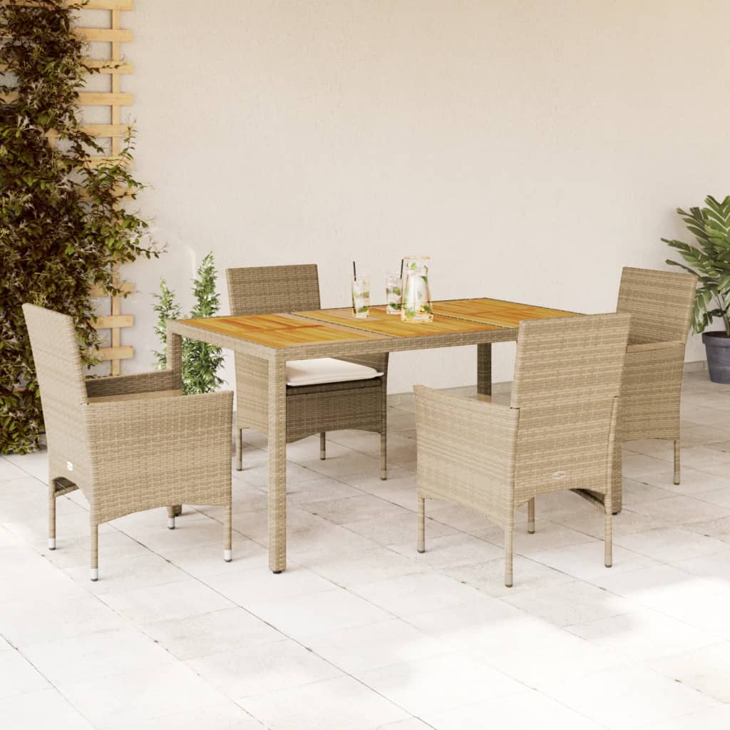 Vetonek Set de comedor jardín 5 pzas con cojines ratán PE acacia beige