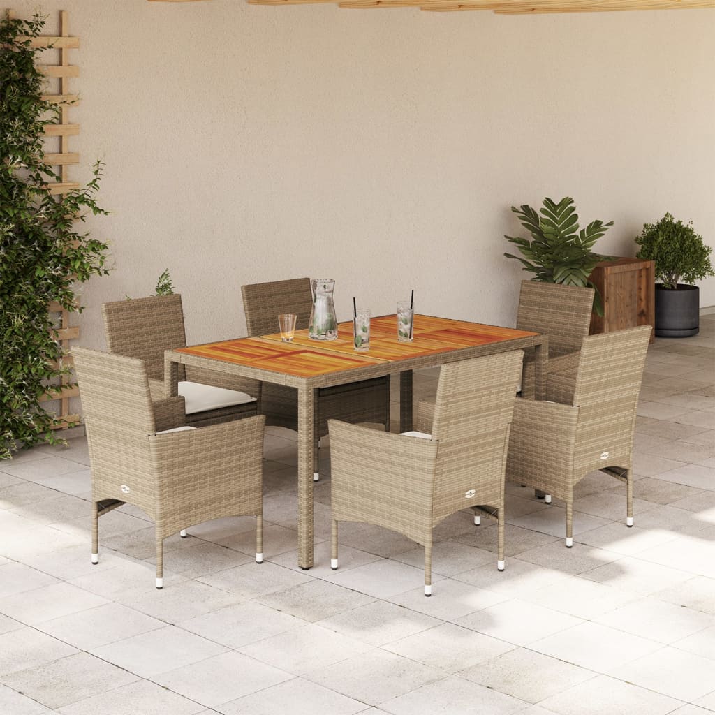 Vetonek Set de comedor jardín 7 pzas con cojines ratán PE acacia beige