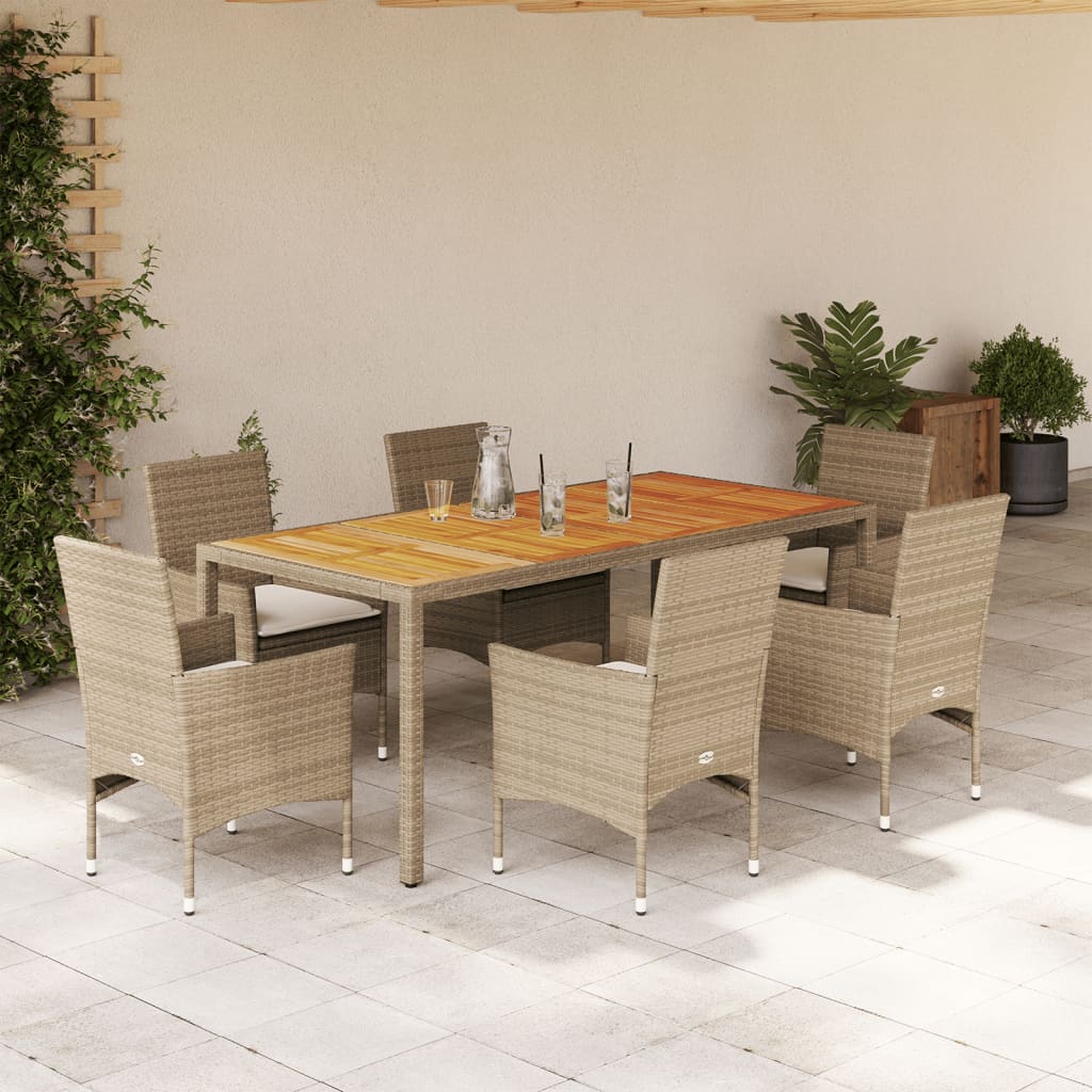 Vetonek Set de comedor jardín 7 pzas con cojines ratán PE acacia beige