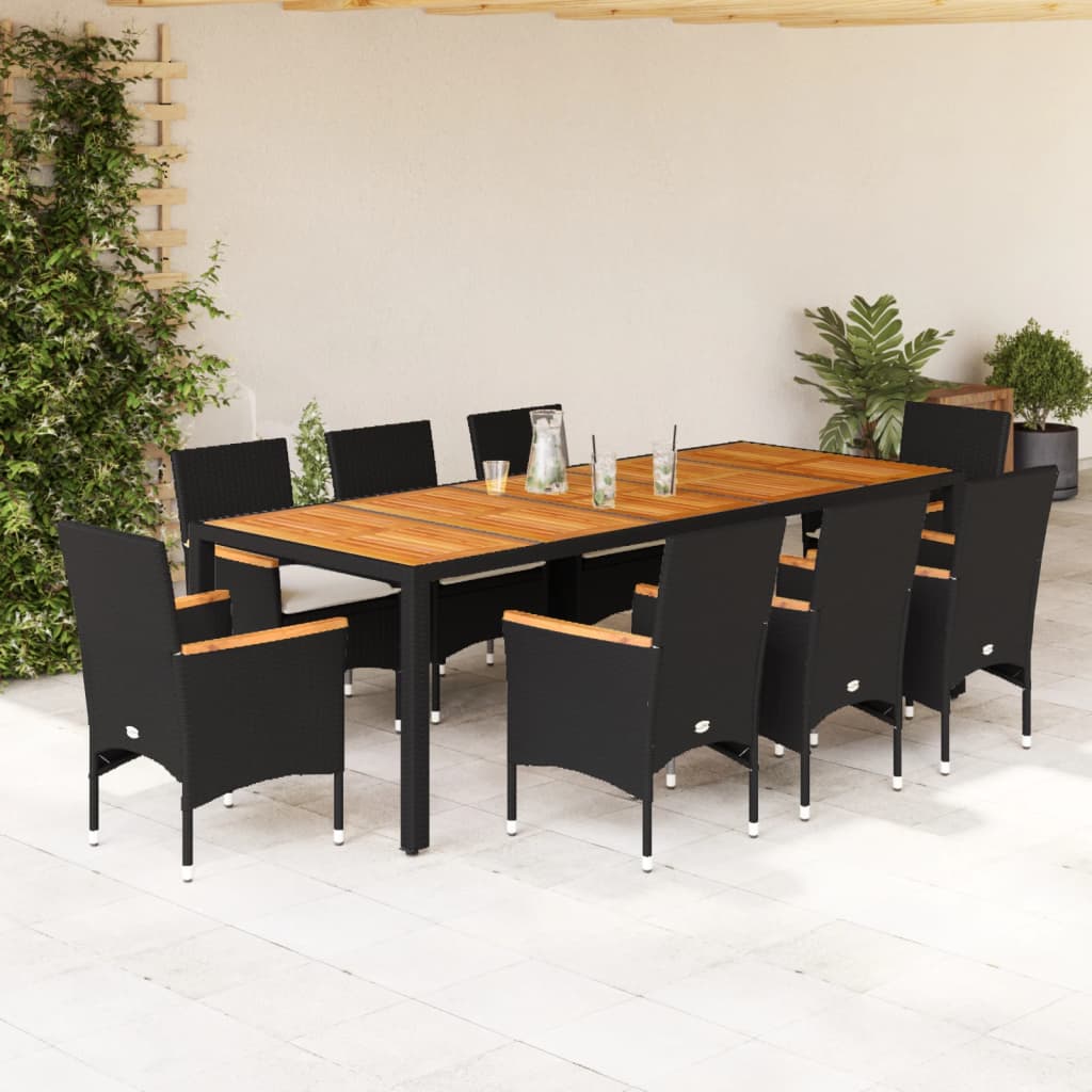 Vetonek Set de comedor jardín 9 pzas con cojines ratán PE acacia negro