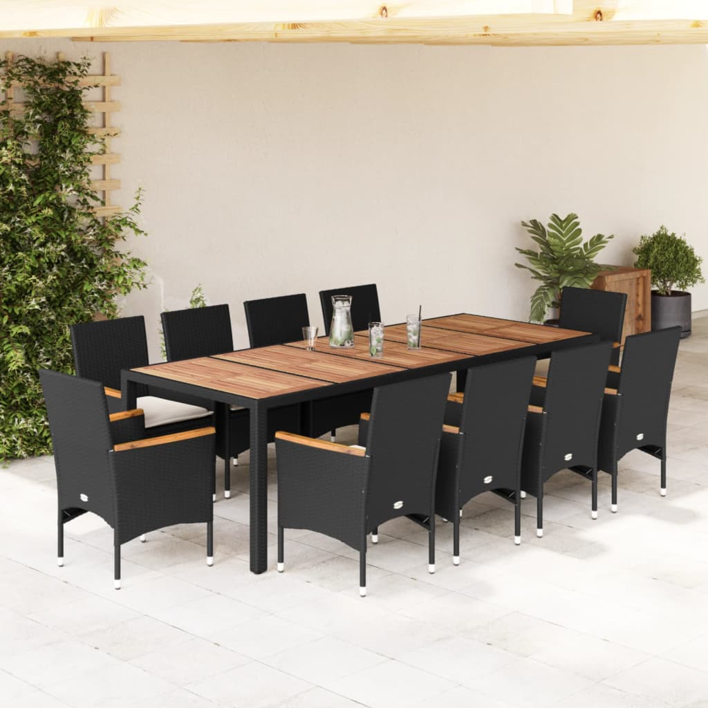 Vetonek Set comedor jardín 11 pzas cojines ratán sintético acacia negro