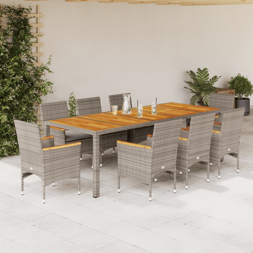 Vetonek Set de comedor jardín 9 pzas con cojines ratán PE acacia gris