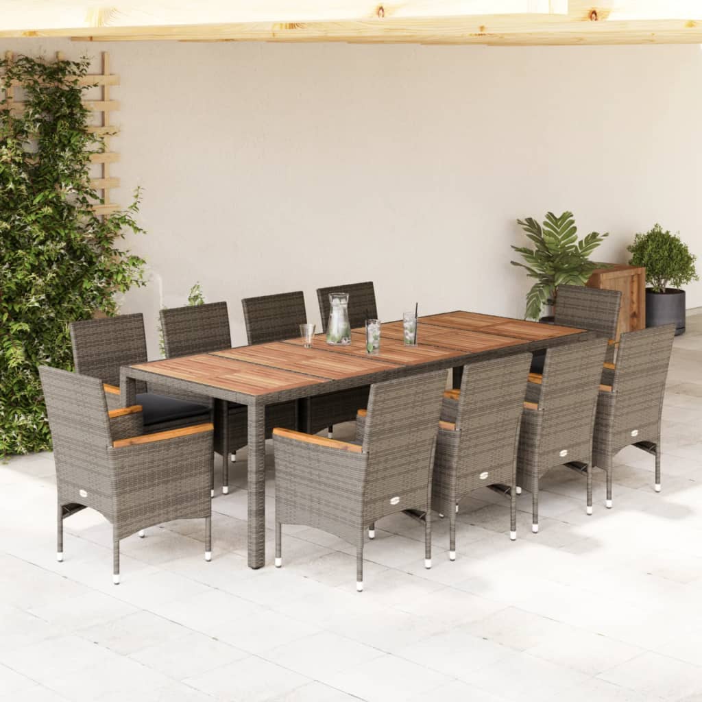 Vetonek Set comedor jardín 11 pzas cojines ratán sintético acacia gris