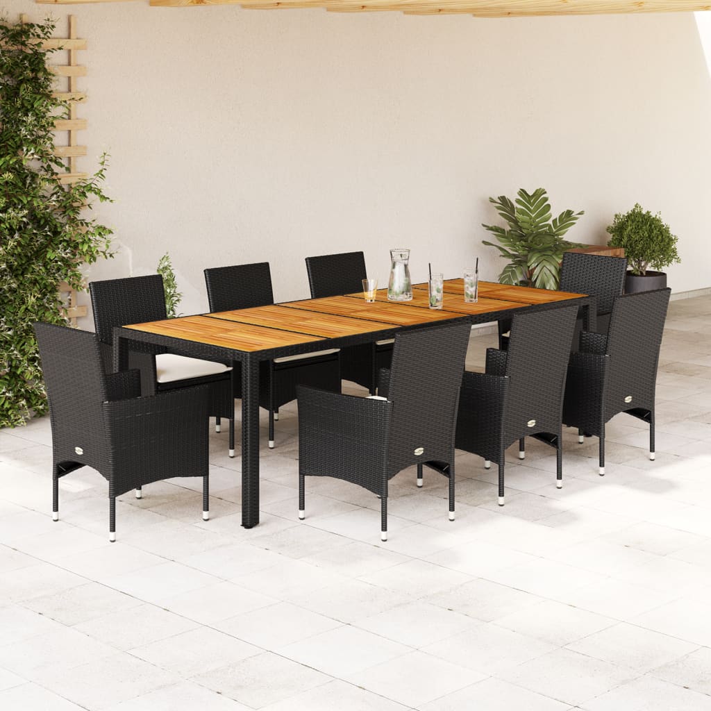 Vetonek Set de comedor jardín 9 pzas con cojines ratán PE acacia negro